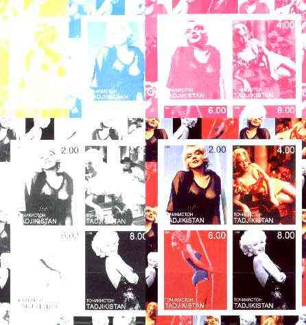 Tadjikistan 2000 Marilyn Monroe sheetlet of 4, the set of 5 imperf progressive colour proofs comprising the 4 individual colours plus all 4-colour composite unmounted mint, stamps on music, stamps on entertainments, stamps on marilyn monroe, stamps on films, stamps on cinema, stamps on personalities