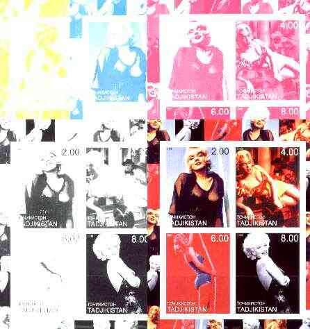 Tadjikistan 2000 Marilyn Monroe sheetlet of 4, the set of 5 imperf progressive colour proofs comprising the 4 individual colours plus all 4-colour composite unmounted mint, stamps on , stamps on  stamps on music, stamps on entertainments, stamps on marilyn monroe, stamps on films, stamps on cinema, stamps on personalities