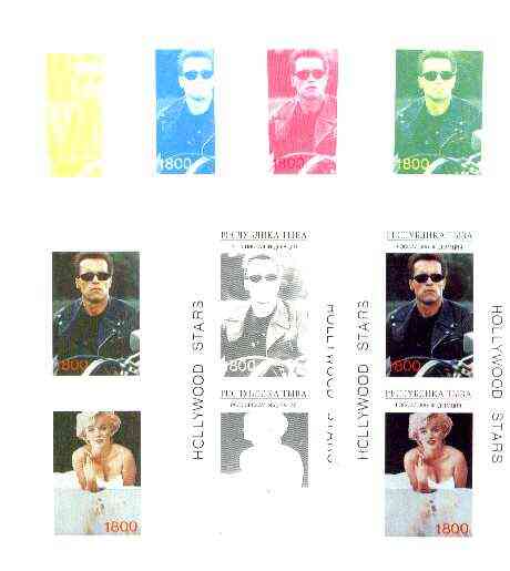 Touva 1995 Hollywood Stars #1 m/sheet containing 2 values (Marilyn Monroe & Schwarzenegger) the set of 7 imperf progressive proofs comprising the 4 individual colours, pl..., stamps on personalities, stamps on films, stamps on cinema, stamps on motorbikes, stamps on marilyn monroe, stamps on movies
