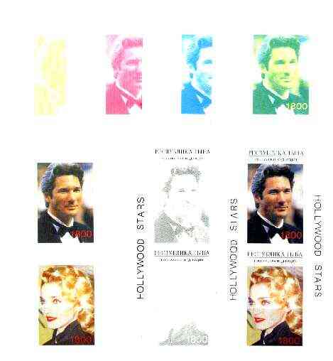 Touva 1995 Hollywood Stars #3 m/sheet containing 2 values (Richard Geer & Madonna) the set of 7 imperf progressive proofs comprising the 4 individual colours, plus 2, 3 a..., stamps on personalities, stamps on entertainments, stamps on theatre, stamps on films, stamps on cinema, stamps on music