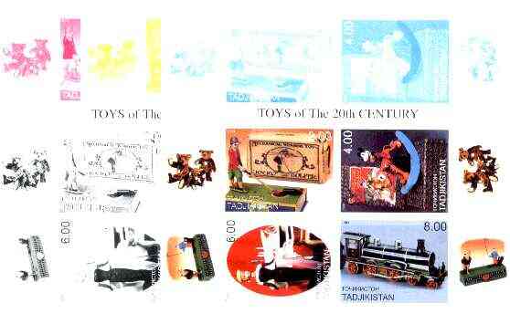 Tadjikistan 2000 Toys of the 20th Century (sheetlet containing 4 vals - Jocko the golfer, Pluto, Train & Barbi Doll) the set of 5 imperf progressive proofs comprising the 4 individual colours, plus all 4-colour composite, stamps on , stamps on  stamps on toys, stamps on golf, stamps on pluto, stamps on disney, stamps on railways, stamps on teddy bears, stamps on dolls, stamps on millennium