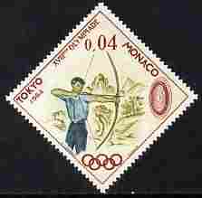 Monaco 1964 Archery 4c unmounted mint from Olympic Games diamond shaped set, SG 811*, stamps on archery, stamps on olympics, stamps on diamond