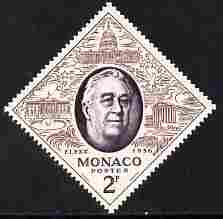 Monaco 1965 Franklin D Roosevelt 2f diamond shaped unmounted mint from Philatelic Exhibition set, SG 545*, stamps on , stamps on  stamps on personalities, stamps on  stamps on roosevelt, stamps on  stamps on diamond, stamps on  stamps on usa presidents, stamps on  stamps on americana, stamps on  stamps on stamp exhibitions