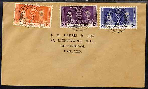 Sierra Leone 1937 KG6 Coronation set of 3 on cover (1d short corner perf) with first day cancel addressed to the forger, J D Harris.  Harris was imprisoned for 9 months after Robson Lowe exposed him for applying forged first day cancels to Coronation covers (details supplied). , stamps on , stamps on  stamps on , stamps on  stamps on  kg6 , stamps on  stamps on forgery, stamps on  stamps on forger, stamps on  stamps on forgeries, stamps on  stamps on coronation