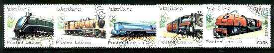 Laos 1991 Espamer 91 Stamp Exhibition - Steam Locomotives set of 5 fine cto used, SG 1256-60*, stamps on railways, stamps on stamp exhibitions