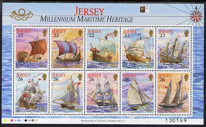 Jersey 2000 The Stamp Show 2000 - Maritime Heritage perf m/sheet of 10 with Stamp show logo unmounted mint, SG MS946a, stamps on ships, stamps on stamp exhibitions