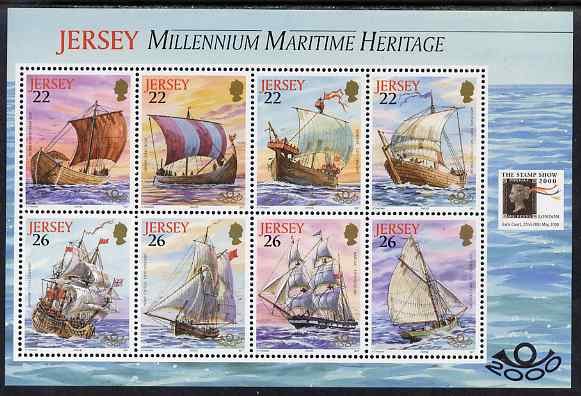 Jersey 2000 The Stamp Show 2000 - Maritime Heritage perf booklet pane of 8 with Stamp show logo unmounted mint, SG MS936b, stamps on ships, stamps on stamp exhibitions