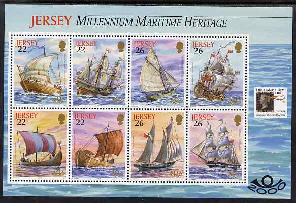 Jersey 2000 The Stamp Show 2000 - Maritime Heritage perf booklet pane of 8 with Stamp show logo unmounted mint, SG MS936c, stamps on ships, stamps on stamp exhibitions