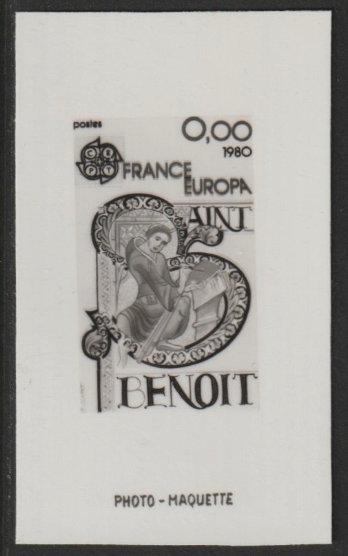 France 1980 Europa - St Benedict (illuminated letter) photo marquette (stamp sized black & white photographic proof) of original artwork with value expressed as 0.00, endorsed 'Photo Maquette', as SG 2367, exceptionally rare, stamps on , stamps on  stamps on europa, stamps on  stamps on books'arts, stamps on  stamps on religion, stamps on  stamps on bibles, stamps on  stamps on saints