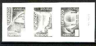 France 1980 UNESCO - Sites in Need of Preservation set of 3 photo marquettes (stamp sized black & white photographic proofs) of original artworks with blank values endors..., stamps on unesco, stamps on buildings, stamps on monuments