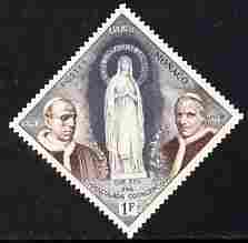 Monaco 1958 Statue of Virgin Mary 1f diamond shaped unmounted mint from Apparition at Lourdes set, SG 598*, stamps on statues, stamps on religion, stamps on diamond, stamps on popes