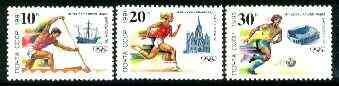 Russia 1991 Barcelona Olympics complete set of 3 unmounted mint, SG 6279-81, Mi 6225-27*, stamps on olympics, stamps on sport, stamps on santa maria, stamps on columbus, stamps on ships, stamps on canoeing, stamps on football, stamps on stadium, stamps on running, stamps on cathedrals