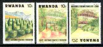 Rwanda 1983 Soil Erosion superb perforated proof comprising 10f black & red colours upright with 20f blue and yellow inverted.  A most unusual and spectacular item with the two appropriate normal stamps, all unmounted mint, stamps on environment, stamps on trees, stamps on geology