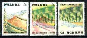 Rwanda 1983 Soil Erosion superb perforated proof comprising 9f black & red colours upright with 10f blue and yellow inverted.  A most unusual and spectacular item with the two appropriate normal stamps, all unmounted mint, stamps on , stamps on  stamps on environment, stamps on trees, stamps on geology