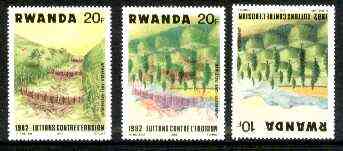 Rwanda 1983 Soil Erosion superb perforated proof comprising 20f black & red colours upright with 10f blue and yellow inverted.  A most unusual and spectacular item with the two appropriate normal stamps, all unmounted mint, stamps on , stamps on  stamps on environment, stamps on trees, stamps on geology