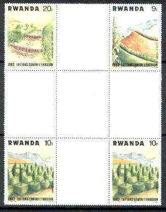 Rwanda 1983 Soil Erosion perforated se-tenant cross - gutter block of 4 comprising 9f, 20f and 2 x 10f (folded through gutter) from uncut archive sheet, rare thus, stamps on , stamps on  stamps on environment, stamps on trees, stamps on geology