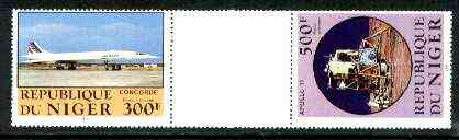 Niger Republic 1983 Manned Flight perforated se-tenant gutter pair comprising 300f & 500f (folded through gutter) from uncut archive sheet, rare thus, unmounted mint, stamps on , stamps on  stamps on aviation, stamps on concorde, stamps on space