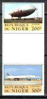 Niger Republic 1983 Manned Flight perforated se-tenant gutter pair comprising 250f & 500f  from uncut archive sheet unmounted mint, rare thus, stamps on aviation, stamps on space, stamps on zeppelins, stamps on airships