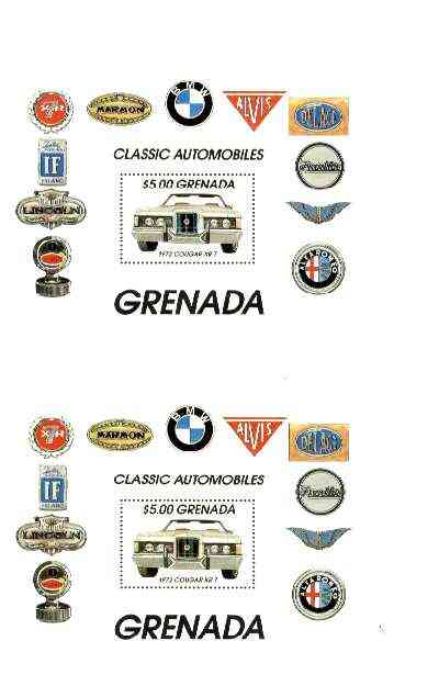 Grenada 1983 Motoring Anniversary (Cougar XR-7) $5 m/sheet joined pair from uncut archive sheet unmounted mint, scarce thus, stamps on cars, stamps on transport, stamps on cougar, stamps on bmw, stamps on alvis, stamps on alfa romeo