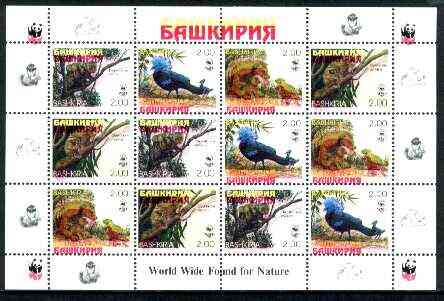 Bashkortostan 1998 WWF - Wild Animals & Birds perf sheetlet containing complete set of 12 (3 sets of 4) with superb 3mm drop of red (affects all 12 stamps & WWF logo in m..., stamps on wwf, stamps on animals, stamps on birds  , stamps on  wwf , stamps on 