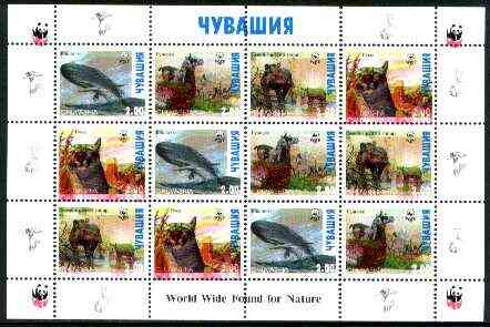 Chuvashia Republic 1998 WWF - Wild Animals perf sheetlet containing complete set of 12 (3 sets of 4) with superb 2mm drop of red (affects all 12 stamps & WWF logo in marg..., stamps on wwf, stamps on animals, stamps on whales, stamps on  wwf , stamps on 