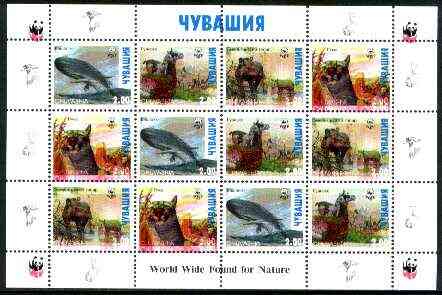 Chuvashia Republic 1998 WWF - Wild Animals perf sheetlet containing complete set of 12 (3 sets of 4) with superb 2mm drop of red (affects all 12 stamps & WWF logo in margin) unmounted mint, stamps on wwf, stamps on animals, stamps on whales, stamps on  wwf , stamps on 