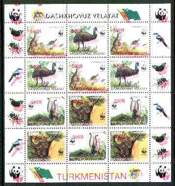 Turkmenistan (Dashkhovuz Velayat) 1998 WWF - Wild Animals & Birds perf sheetlet containing complete set of 12 (3 sets of 4) unmounted mint, stamps on wwf, stamps on animals, stamps on emu, stamps on lyre bird, stamps on kangaroo, stamps on koala bears, stamps on  wwf , stamps on 