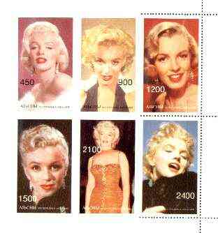 Abkhazia 1997 Marilyn Monroe sheetlet containing complete set of 6 values, two stamps at right perforated on 3 sides only, the remainder of the sheet is imperf, stamps on , stamps on  stamps on music, stamps on entertainments, stamps on women, stamps on films, stamps on marilyn monroe