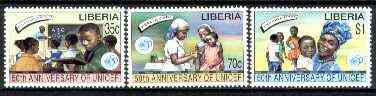 Liberia 1995 UNICEF 50th Anniversary set of 3 unmounted mint*, stamps on , stamps on  stamps on united nations, stamps on children, stamps on education, stamps on medical, stamps on 