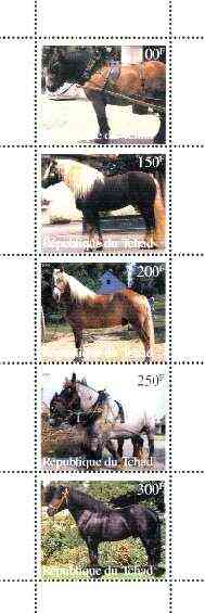 Chad 1998 Horses perf strip of 5 unmounted mint, stamps on horses    