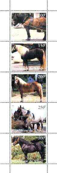 Chad 1998 Horses perf strip of 5 unmounted mint, stamps on horses