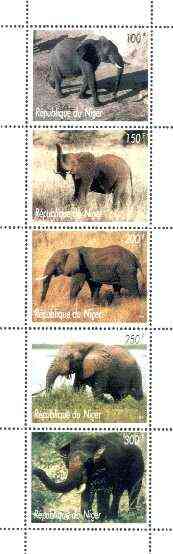 Niger Republic 1998 Elephants perf strip of 5 unmounted mint, stamps on animals, stamps on elephants