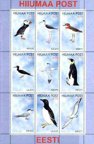 Estonia (Hiiumaa) 1999 Seabirds perf sheetlet containing complete set of 9 unmounted mint, stamps on , stamps on  stamps on birds, stamps on puffins, stamps on penguins, stamps on terns, stamps on  stamps on gulls