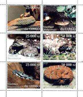 Congo 1997 Snakes perf sheetlet containing complete set of 6 values unmounted mint, stamps on , stamps on  stamps on animals, stamps on reptiles, stamps on snakes, stamps on  stamps on snake, stamps on  stamps on snakes, stamps on  stamps on 