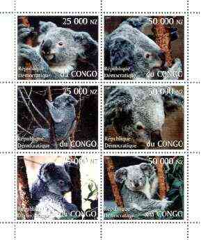 Congo 1997 Koala Bears perf sheetlet containing complete set of 6 values unmounted mint, stamps on , stamps on  stamps on animals, stamps on bears, stamps on koala