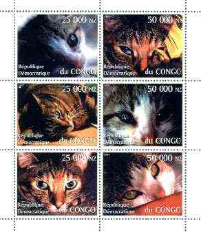 Congo 1997 Domestic Cats perf sheetlet containing complete set of 6 values unmounted mint, stamps on , stamps on  stamps on animals, stamps on cats