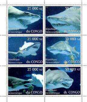Congo 1997 Sharks perf sheetlet containing complete set of 6 values unmounted mint, stamps on marine life, stamps on fish, stamps on sharks