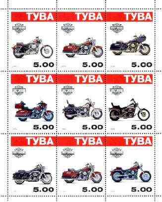 Touva 1999 Harley Davidson Motor Cycles perf sheetlet containing complete set of 9 values unmounted mint, stamps on motorbikes