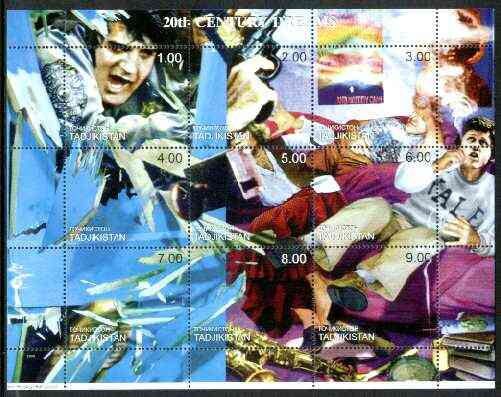 Tadjikistan 1999 20th Century Dreams #01 composite perf sheetlet containing complete set of 9 values (Elvis Presley & Bill Clinton) unmounted mint, stamps on films, stamps on cinema, stamps on entertainments, stamps on elvis, stamps on space, stamps on police, stamps on millennium, stamps on presidents