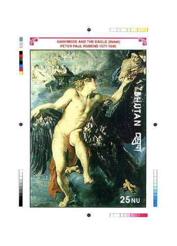 Bhutan 1991 Death Anniversary of Peter Paul Rubens Intermediate stage computer-generated artwork for 25nu m/sheet (Ganymede and The Eagle), magnificent item ex Government archives (135 x 198 mm) as Sc 999, stamps on arts, stamps on rubens, stamps on eagles, stamps on birds of prey, stamps on birds, stamps on mythology, stamps on ancient greece , stamps on renaissance