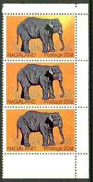 Nagaland 1969 Elephant 20c vert strip of 3, upper stamp with massive disturbance to background (yellow instead of orange) unmounted mint, stamps on , stamps on  stamps on animals, stamps on elephants