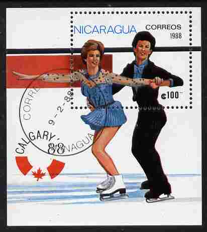 Nicaragua 1988 Calgary Winter Olympics perf m/sheet (Ice Dancing) fine cto used. SG MS 2944, stamps on , stamps on  stamps on olympics, stamps on ice skating