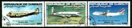 Djibouti 1983 Air France Anniversary set of 3 fine cto used, SG 875-77*, stamps on , stamps on  stamps on aviation, stamps on bloch, stamps on boeing, stamps on douglas, stamps on dc