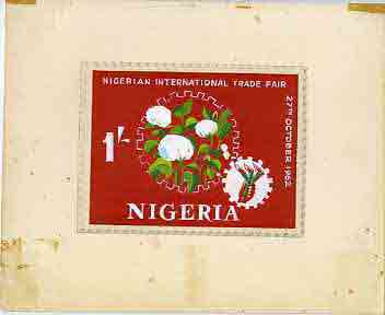 Nigeria 1962 International Trade Fair - original hand-painted artwork for 1s value (Cotton within Cogwheel) similar to issued 6d and probably by M Goaman on board 132 x 100 mm, stamps on , stamps on  stamps on cotton, stamps on  stamps on textiles, stamps on  stamps on business