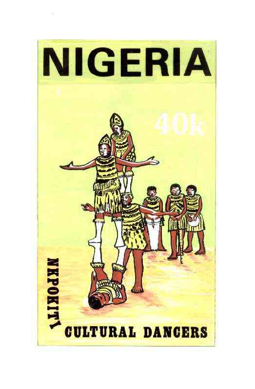 Nigeria 1986 Nigerian Life Def series - original hand-painted artwork for 40k value (Nkpokiti Cultural Dancers) by unknown artist on board 127 mm x 222 mm, stamps on dancing