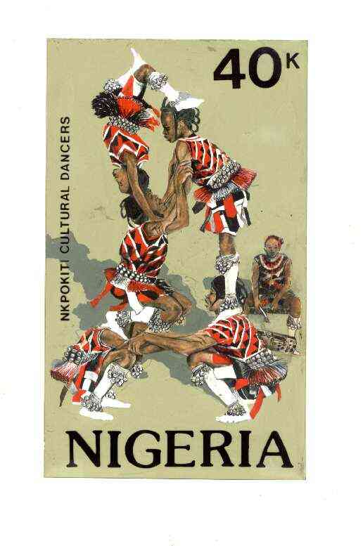 Nigeria 1986 Nigerian Life Def series - original hand-painted artwork for 40k value (Nkpokiti Cultural Dancers) by G O Akinola on board 130 mm x 222 mm endorsed J3, stamps on , stamps on  stamps on dancing