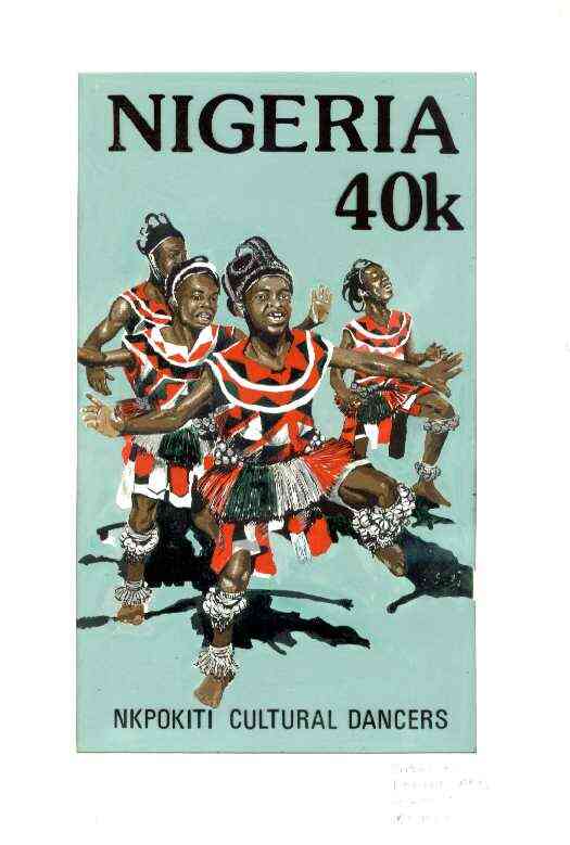 Nigeria 1986 Nigerian Life Def series - original hand-painted artwork for 40k value (Nkpokiti Cultural Dancers) by G O Akinola on board 130 mm x 222 mm endorsed J2, stamps on dancing