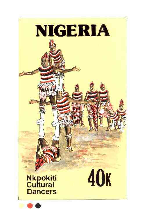 Nigeria 1986 Nigerian Life Def series - original hand-painted artwork for 40k value (Nkpokiti Cultural Dancers) by unknown artist on card 130 mm x 222 mm endorsed J1, stamps on dancing