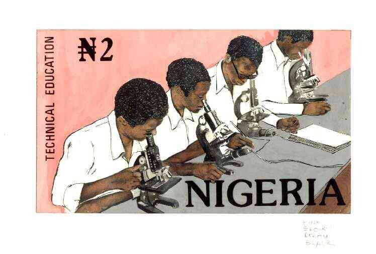 Nigeria 1986 Nigerian Life Def series - original hand-painted artwork for N2 value (Students in Laboratory) by G O Akinola on board 222 mm x 127 mm endorsed N2, stamps on microscopes, stamps on education, stamps on chemistry
