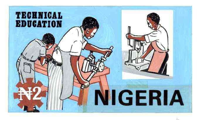 Nigeria 1986 Nigerian Life Def series - original hand-painted artwork for N2 value (Students in workshop) by unknown artist on board 222 mm x 127 mm , stamps on education